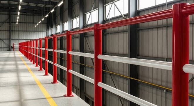 Industrial warehouse mezzanine safety railing with red posts and white horizontal bars on a concrete floor