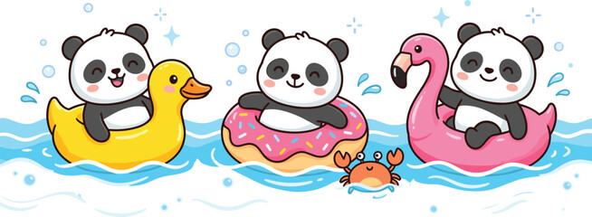 cute panda cartoon character set swimming in water with inflatable yellow duck pink donut and flamingo pool floats summer animal vector illustration © Lipi