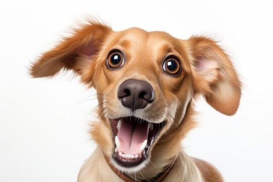 Happy dog looking directly at camera with wide open mouth and big eyes