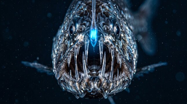 A giant deep-sea anglerfish with a glowing lure on its head swims towards the camera in dark waters.