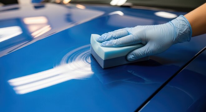 Professional car detailing hand in glove applying wax or ceramic coating to blue car hood with foam applicator