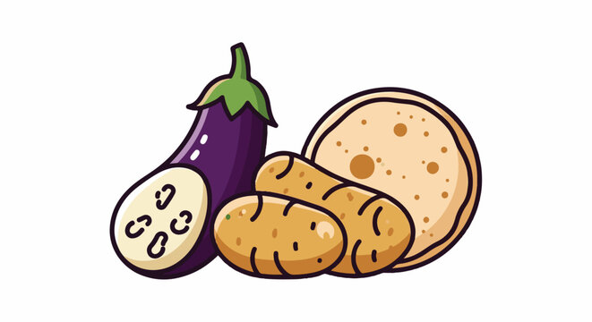 Cartoon illustration of eggplant, potatoes, and flatbread
