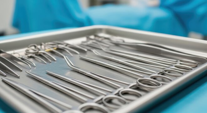 Surgical instruments on a metal tray in an operating room