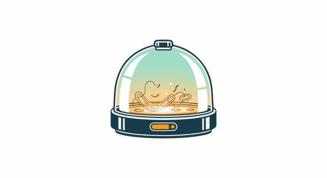 Cute amoeba-like creature floats in a colorful, futuristic incubation pod