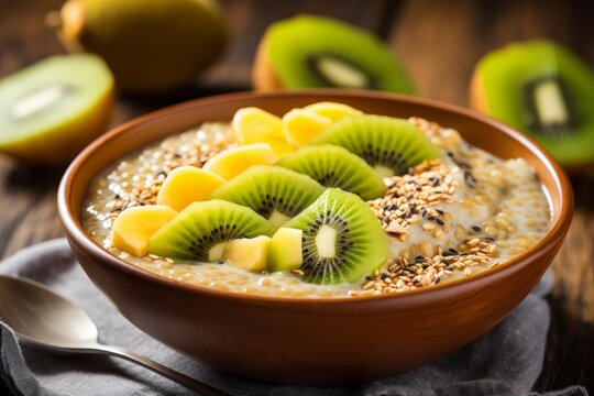 Healthy breakfast bowl of oatmeal porridge topped with fresh kiwi, banana, and sesame seeds