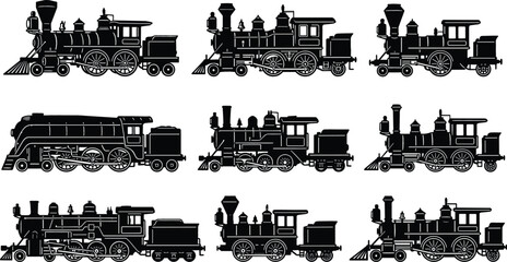 Set of Vintage Steam Train Silhouettes Including Retro Steam Locomotives Engines and Classic Railroad Transportation Icons for History Travel Heritage and Industrial Era Graphic Design Projects. © Bishnupada