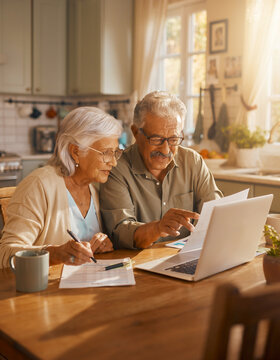 Senior Hispanic couple reviewing finances and using a laptop at their home kitchen table, discussing a retirement budget together in warm morning sunlight