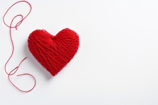 Red yarn shaped into a heart on a white background, representing love and passion