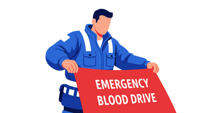 A vector illustration of a male first responder in a blue uniform holding a large red banner with the text EMERGENCY BLOOD DRIVE to encourage blood donation and community support.