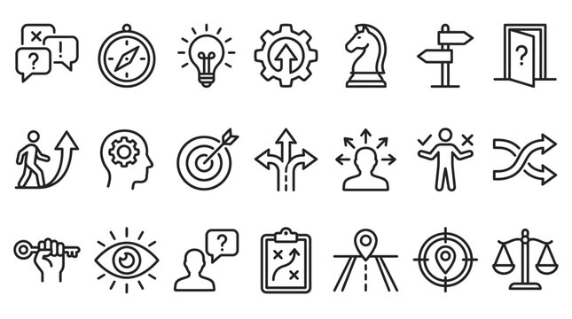 Decision making, uncertainty, strategy, vision, problem solving and career path editable stroke outline icon isolated on white background flat vector illustration.