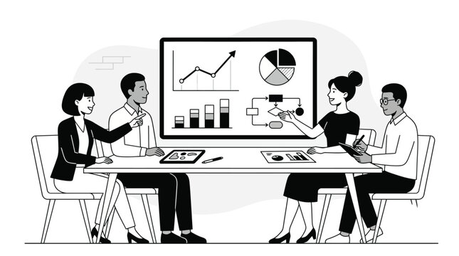 Business people discussing data on a screen