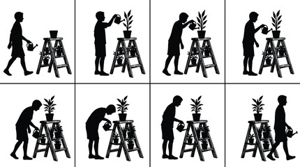 Obraz premium Set of Silhouette Illustrations Showing a Boy Watering Potted Houseplants on a Step Ladder for Gardening Hobby Plant Care Education and Home Greenhouse Lifestyle Designs.