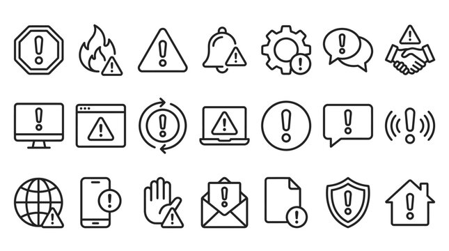 Exclamation mark, alert, warning and error concept editable stroke outline icons set isolated on white background flat vector illustration.