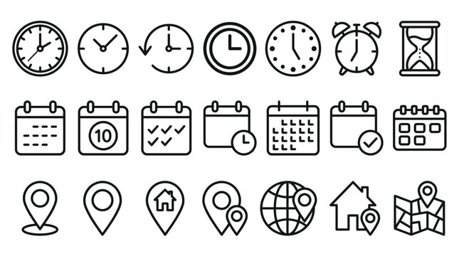 Time, date and address concept editable stroke outline icons set isolated on white background flat vector illustration.