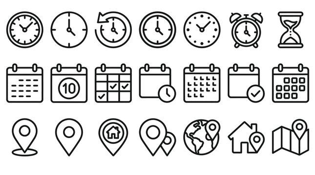 Time, date and address concept editable stroke outline icons set isolated on white background flat vector illustration.