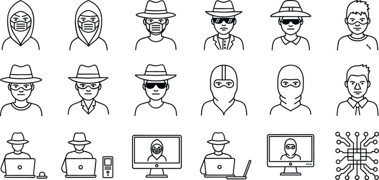 Cybersecurity and Hacker Silhouette Vector Set Featuring Masked Individuals, Laptops, and Digital Security Symbols in Minimal Line Art Style