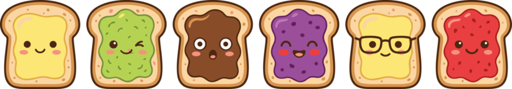 cute toast slice character set with different expressions toppings including butter avocado chocolate jam and peanut butter cartoon vector illustration