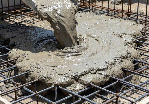 Wet concrete is being poured from a spout into a foundation reinforced with rebar, creating swirling patterns.