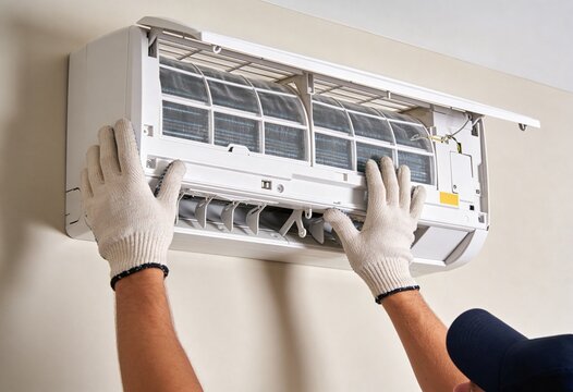 A person wearing work gloves performs maintenance on a wall-mounted air conditioner, revealing internal filters.