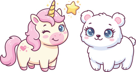 Fototapeta premium cute winking unicorn and fluffy white bear cub character looking at glowing magic star sweet fantasy animal friend cartoon vector illustration