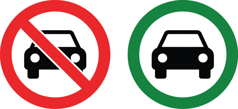 Car traffic sign set, allowed and prohibited vehicle use symbols for road safety driving regulation and transportation control design.
