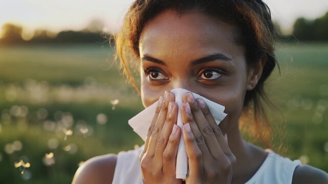Pollen allergy makes one sneeze in spring season while in a field during the evening