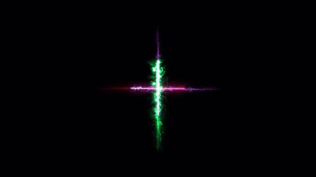 glowing green and pink saber energy cross effect with neon plasma light streaks isolated on black background, 4k video