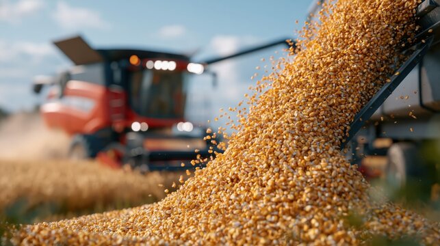 Golden corn grains pouring from a modern harvesting machine in an agricultural field during autumn harvest. Agribusiness, food production, farming industry and rural economy concept