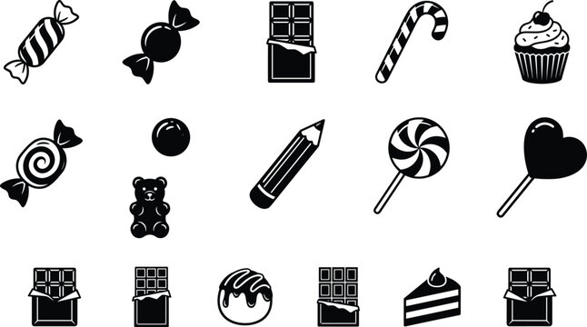 Sweet candy and chocolate dessert icon vector set featuring black silhouette symbols including lollipop gummy bear cupcake cake slice and wrapped hard candies