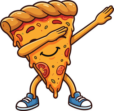 funny dabbing pizza slice cartoon character dancing with cool trend pose cute fast food mascot vector illustration for restaurant logo
