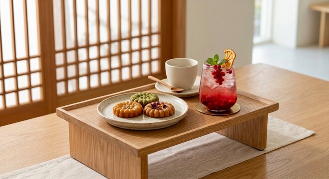 Modern plating of Korean traditional dessert Yakwa and Omija tea on a clean ceramic plate with shadows of wooden window frames