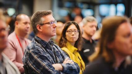 Obraz premium Audience members listen attentively to a speaker during a professional seminar held in a crowded conference room.