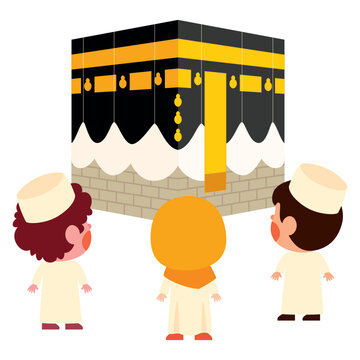 Cartoon Muslim Kids Visiting Kaaba