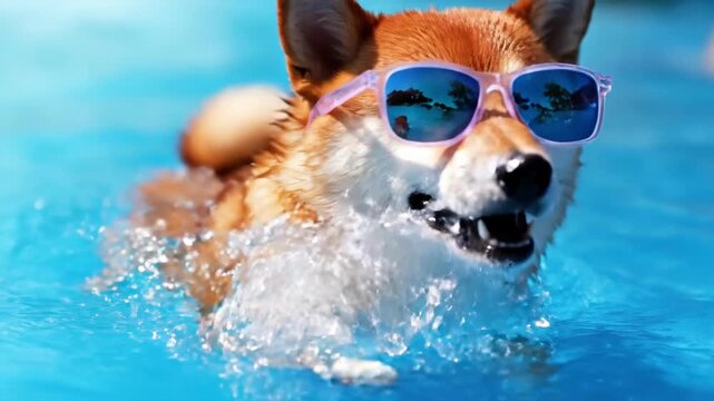Cool dog swimming in pool with sunglasses on sunny day