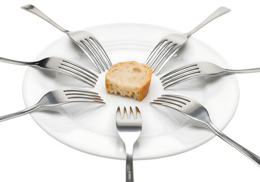 Conceptual image of multiple silverware forks surrounding a single slice of bread on a white plate, symbolizing competition and resource scarcity.