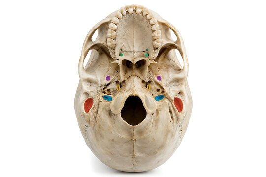 Anatomy of Human Skull Base with Colored Markings for Medical Education, Superior View of Cranium Underside Isolated on White Background