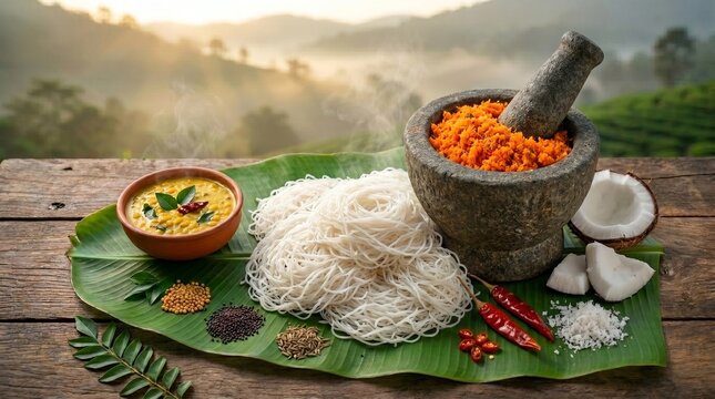 Traditional stone mortar filled with bright orange spicy coconut sambol