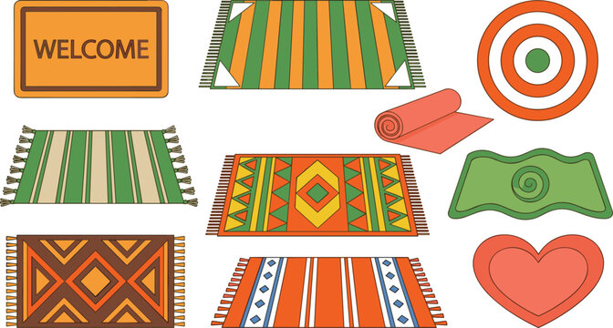 Home floor rug and welcome doormat vector set featuring colorful carpets with geometric patterns tribal ornament stripes heart and target shapes illustration