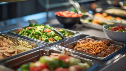 Obraz premium Buffet line displays a variety of fresh salads and prepared hot dishes for guests at a corporate catering event.