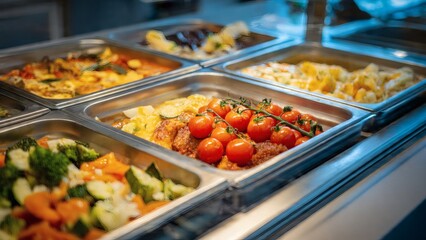 Obraz premium Buffet trays filled with fresh roasted vegetables and healthy dishes offer a variety of choices in a cafeteria.
