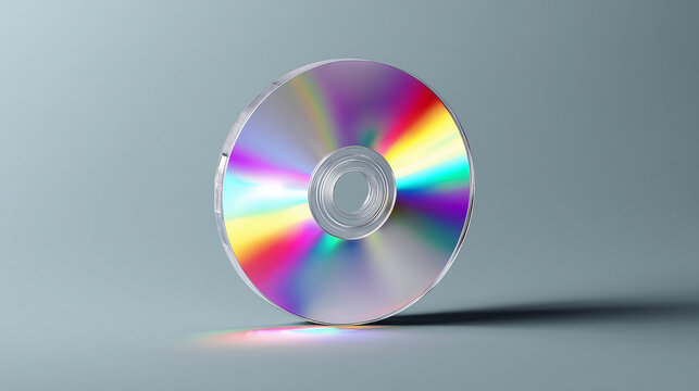 Blank CD or DVD disc with rainbow holographic reflection, isolated on a transparent background as a digital media mockup.	