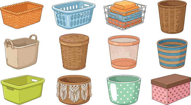 Empty laundry basket and home storage organizer vector set featuring wicker bin plastic crate wire mesh basket macrame planter and cardboard box