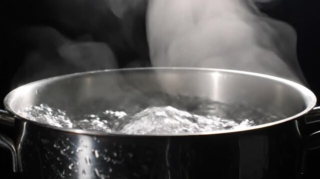 Close-up of water boiling in a stainless steel pot with thick white steam rising against a dark black background, showing active bubbles and condensation on the metal surface.