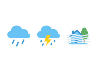 Obraz premium This illustration depicts symbols of weather including raining clouds, a thunderbolt, and a home with trees, highlighting the significant impacts of climate and weather.