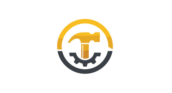 Industrial construction logo featuring a golden yellow hammer head integrated with a dark gray mechanical gear inside a circle frame.