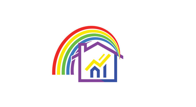 Vibrant real estate logo featuring a house silhouette with an internal growth arrow and a colorful rainbow arching over the roof structure.