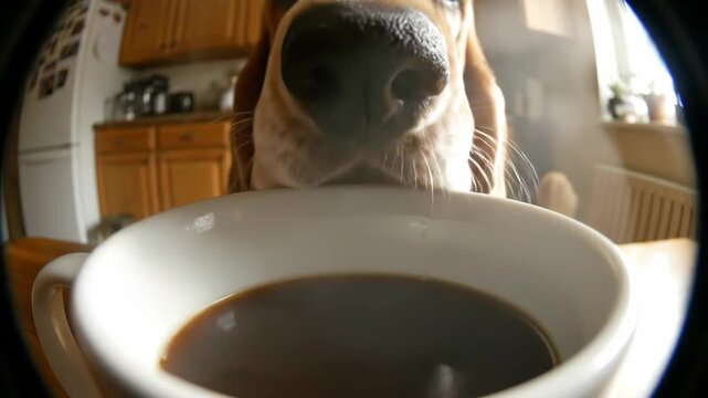 Steaming Cup of Black Coffee on Kitchen Table with Curious Basset Hound Dog Sniffing