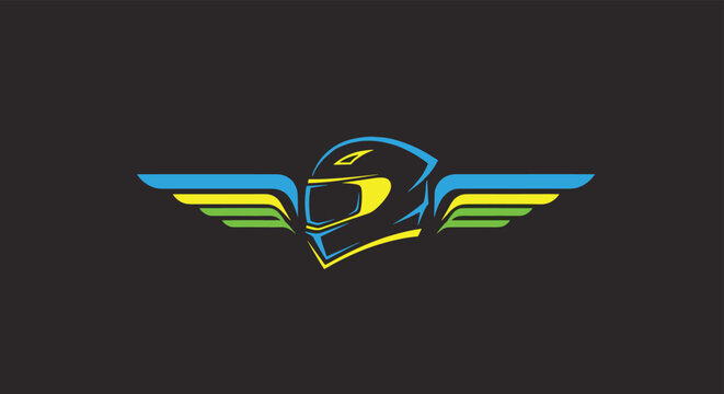 Motorbike helmet logo with stylized wings in blue yellow and green colors set against a solid dark grey professional background.