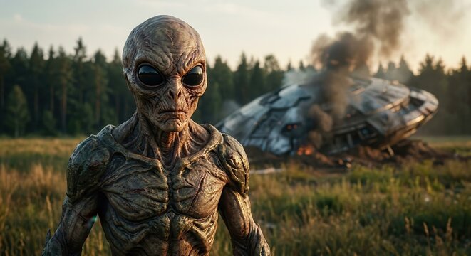 Mysterious alien survivor stands before its crashed spaceship in a field.