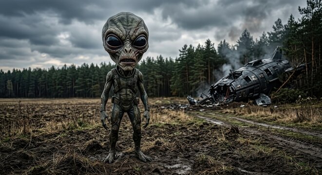 Grey alien stands next to a crashed UFO in a muddy, desolate forest landscape.